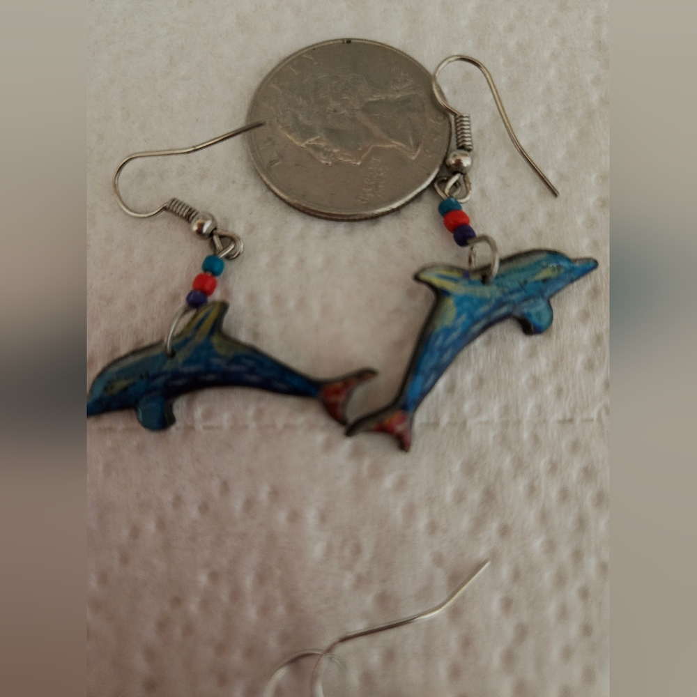 2 Pairs of Earrings Dolphins and Faux Leather Beach Strip Drops - Picture 2 of 5